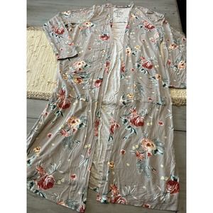 TORRID Super Soft Knit Gray Beige Rose Floral Print Duster Open Front Sz 0 US L